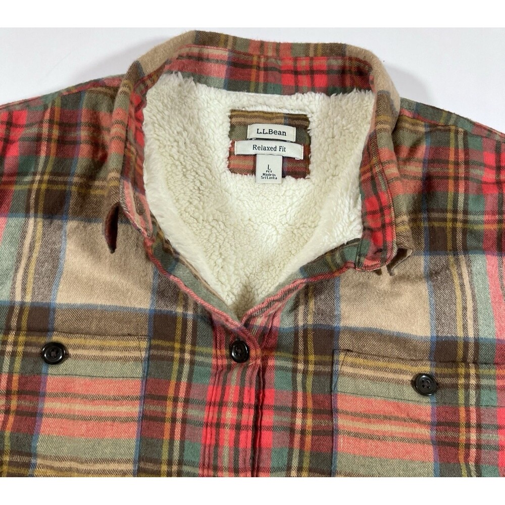 LL Bean Plaid Sherpa Lined Flannel Shirt Jacket Shacket Relaxed Women's Large - Picture 6 of 10
